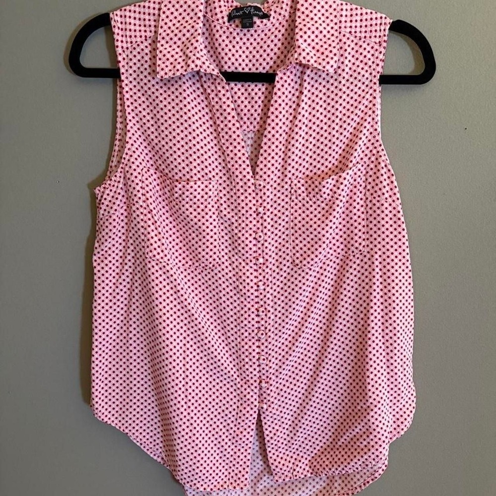 Velvet Heart Small Button Down Shirt Sleeveless Collared Pink Polka Dot Barbie